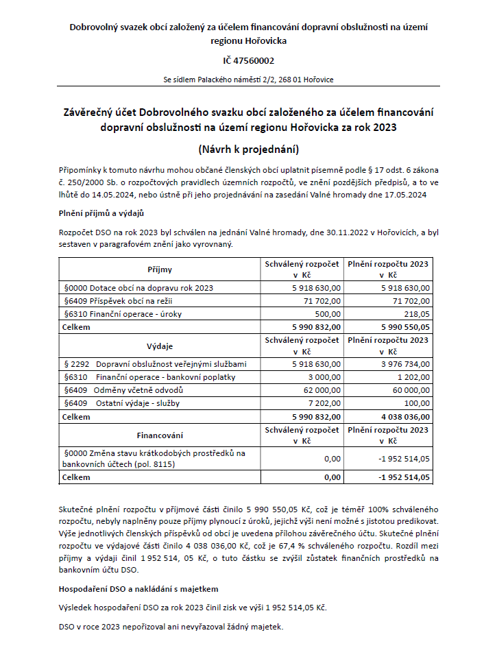 Závěrečný účet Dobrovolného svazku obcí založeného za účelem financování dopravní obslužnosti na území regionu Hořovicka za rok 2023