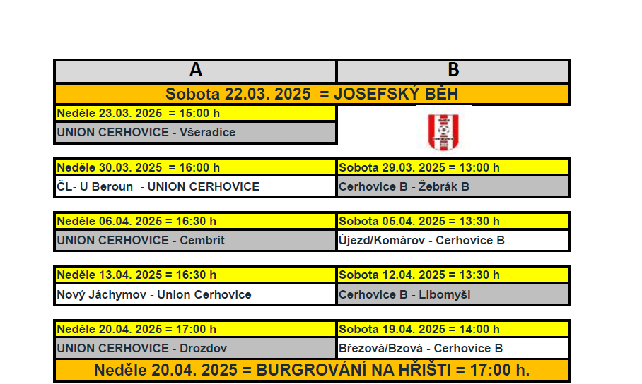 UNION Cerhovice rozpis zápasů