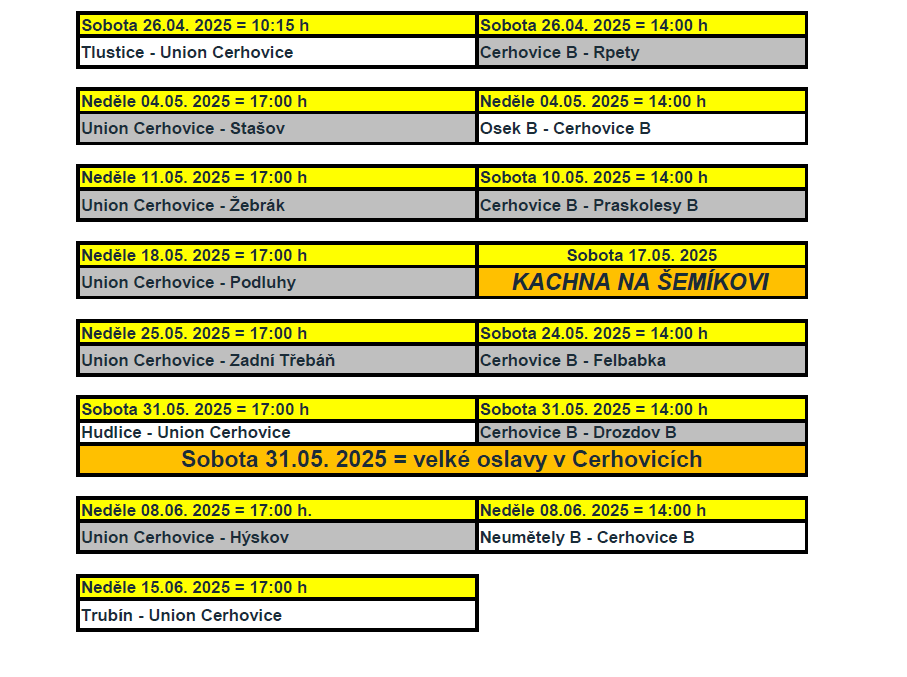 UNION Cerhovice rozpis zápasů