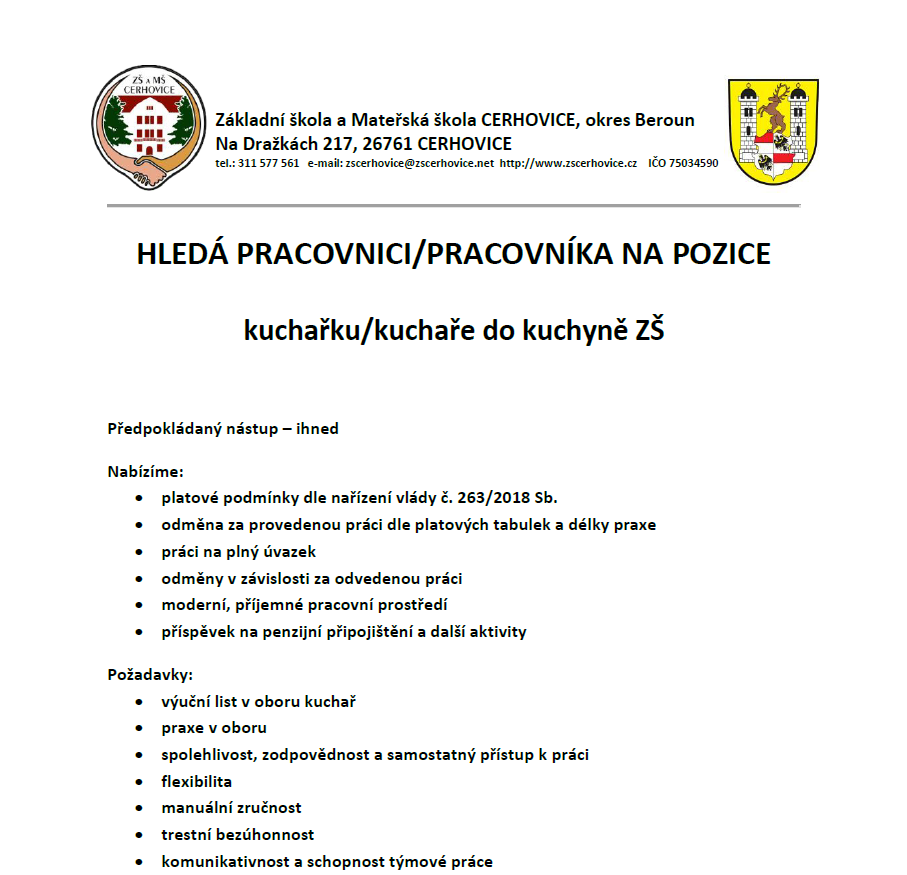 ZŠ Cerhovice hledá pracovnici/pracovníka 